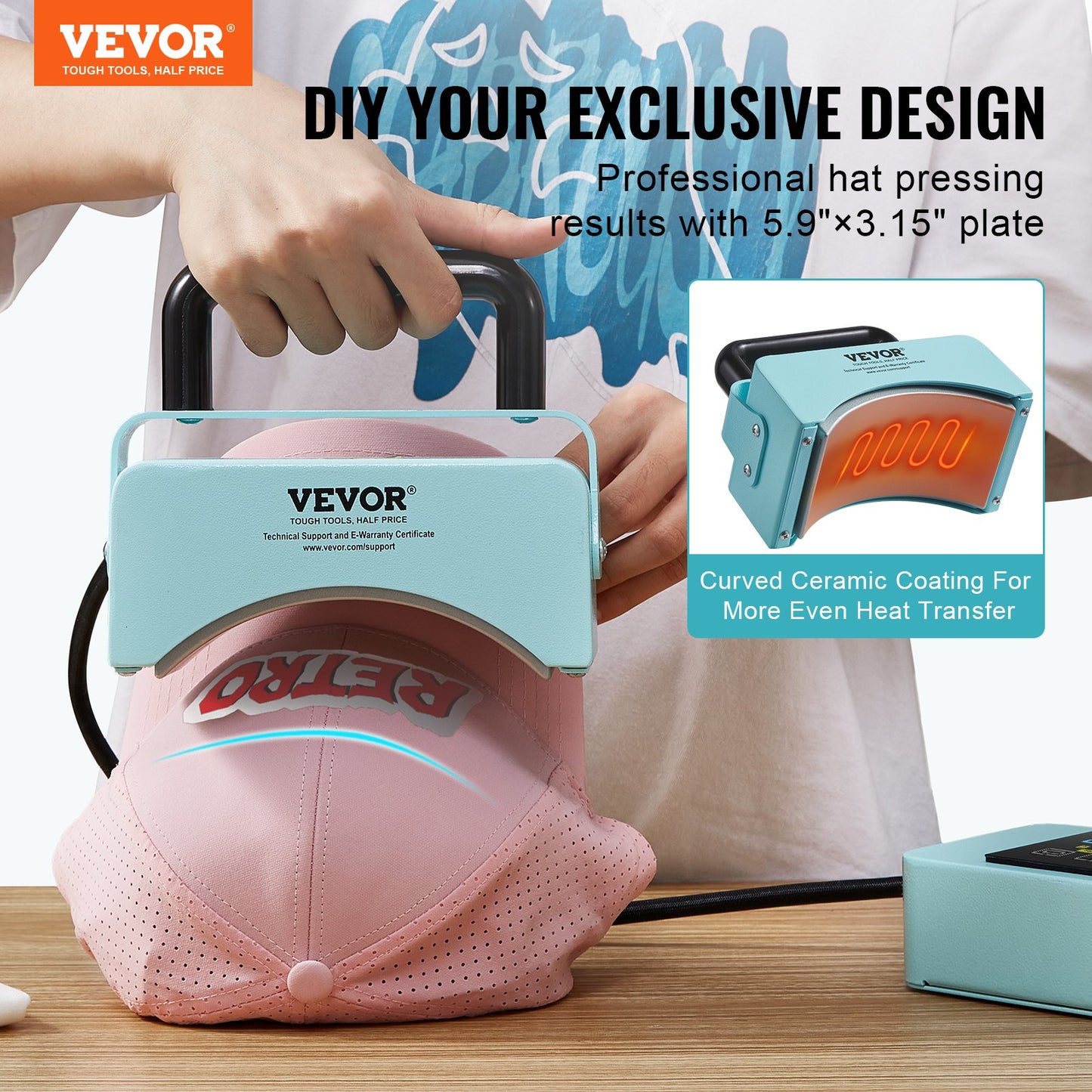 Hat Press Machine, Mini Hat Heat Press for Caps with Integrated Control Panel, Cap Heat Press Machine with 5.9x3.15 inch Curved Heating Plate, Safety Base, and Glove, Automatic Shut-Off, Green