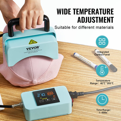 Hat Press Machine, Mini Hat Heat Press for Caps with Integrated Control Panel, Cap Heat Press Machine with 5.9x3.15 inch Curved Heating Plate, Safety Base, and Glove, Automatic Shut-Off, Green