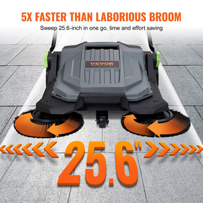 Walk-behind Hand Push Floor Sweeper, 65 cm Sweeping Width Floor Sweeper Manual Non-Electric, 18.9-Liter Waste Container, Angle & Height Adjustable Folding Handle for Walkway, Yard, Garage, Patio