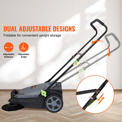 Walk-behind Hand Push Floor Sweeper, 65 cm Sweeping Width Floor Sweeper Manual Non-Electric, 18.9-Liter Waste Container, Angle & Height Adjustable Folding Handle for Walkway, Yard, Garage, Patio