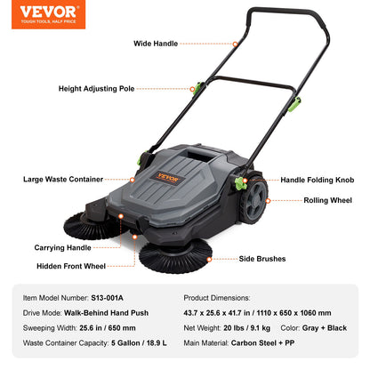 Walk-behind Hand Push Floor Sweeper, 65 cm Sweeping Width Floor Sweeper Manual Non-Electric, 18.9-Liter Waste Container, Angle & Height Adjustable Folding Handle for Walkway, Yard, Garage, Patio