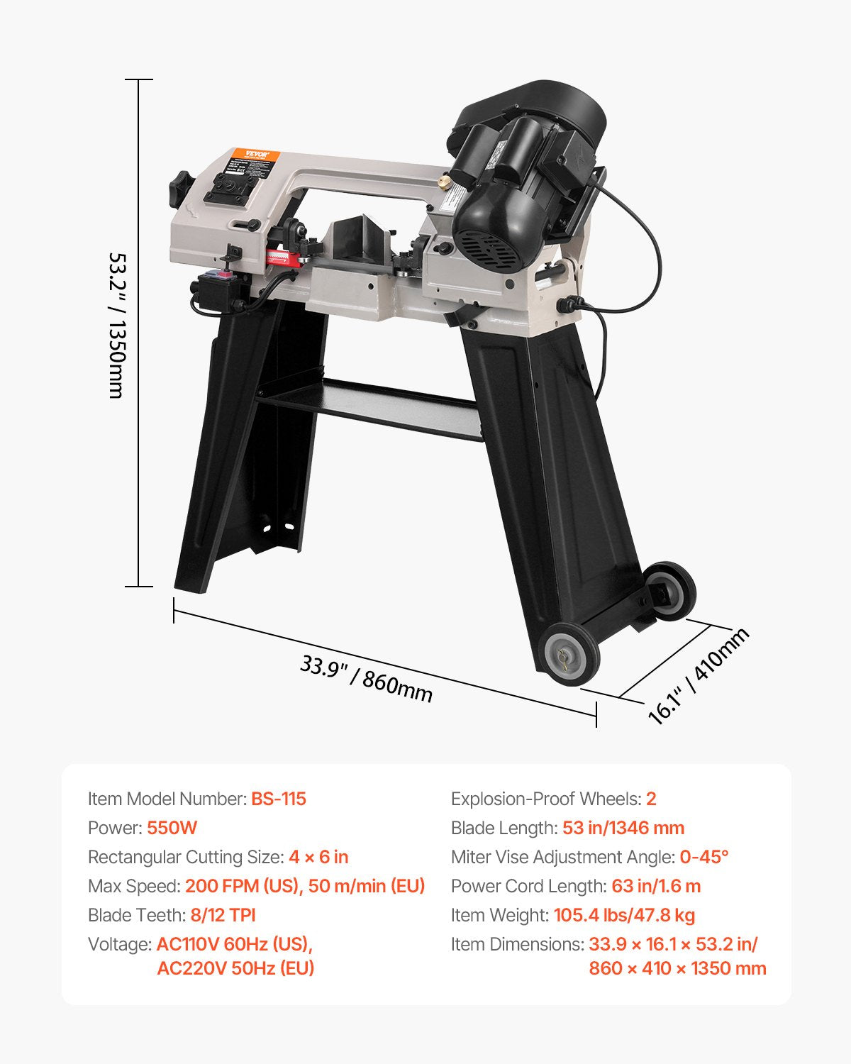 Metal Horizontal Band Saw, 102 x 152 mm(4 in x 6 in) Rectangular Cutting Capacity, 220V Metal Vertical Cutting Bandsaw with 550W Motor, 0-45° Angle Adjustment, Variable Speed, for Metal, Wood, and Plastic