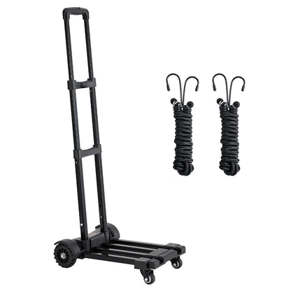 Folding Hand Truck, 131.5 kg Load Capacity, Collapsible Luggage Cart with 4 Wheels, 2 Elastic Ropes & Expandable Base, Utility Dolly Platform Cart for Airport Travel Luggage Office Moving, Black