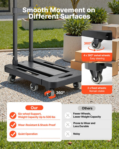 Folding Hand Truck, 226.8 kg Load Capacity, Collapsible Luggage Cart with 6 Wheels, 2 Elastic Ropes & Expandable Base, Utility Dolly Platform Cart for Airport Travel Luggage Office Moving, Black