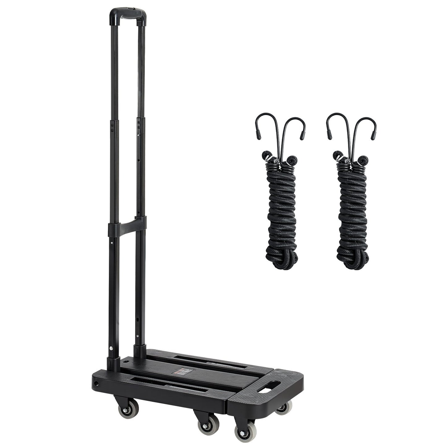 Folding Hand Truck, 226.8 kg Load Capacity, Collapsible Luggage Cart with 6 Wheels, 2 Elastic Ropes & Expandable Base, Utility Dolly Platform Cart for Airport Travel Luggage Office Moving, Black