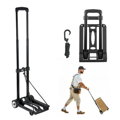 Folding Hand Truck, 49.9 kg Load Capacity, Collapsible Luggage Cart with 2 Wheels & 1 Elastic Rope, Utility Dolly Platform Cart for Airport Travel Furniture Luggage Office Moving, Black