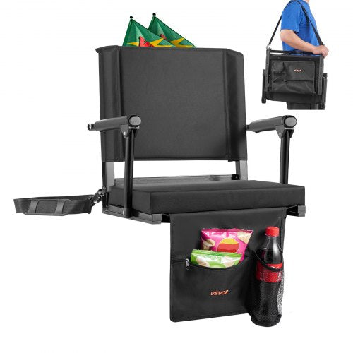 Stadium Seat, Portable Bleacher Seat with Armrest, Back Support and Thick Cushion, Bench Chair for Bleacher Includes Shoulder Strap, Hooks, Cup Holder, Black Football Bleachers Seats, 1PCS