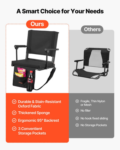 Stadium Seat, Portable Bleacher Seat with Armrest, Back Support and Thick Cushion, Bench Chair for Bleacher Includes Shoulder Strap, Hooks, Cup Holder, Black Football Bleachers Seats, 1PCS