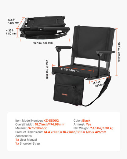 Stadium Seat, Portable Bleacher Seat with Armrest, Back Support and Thick Cushion, Bench Chair for Bleacher Includes Shoulder Strap, Hooks, Cup Holder, Black Football Bleachers Seats, 1PCS