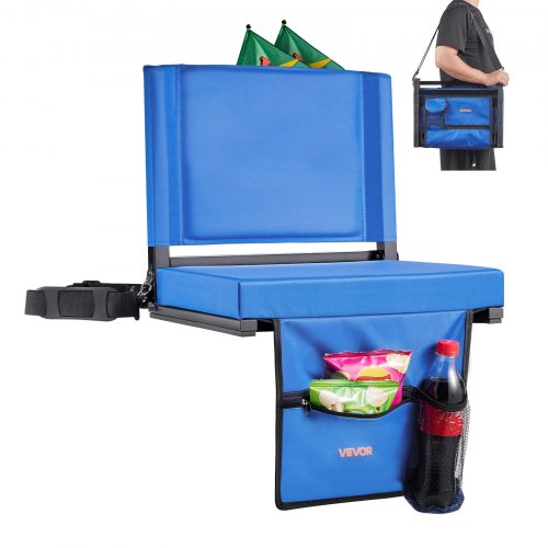 Stadium Seat, Folding Bleacher Chair with Back Support and Thick Cushion, Padded Stadium Seat for Bleacher Includes Shoulder Strap, Hooks, Cup Holder, and Side Pocket, Blue Bleachers Chair