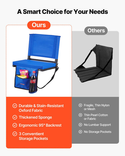 Stadium Seat, Folding Bleacher Chair with Back Support and Thick Cushion, Padded Stadium Seat for Bleacher Includes Shoulder Strap, Hooks, Cup Holder, and Side Pocket, Blue Bleachers Chair