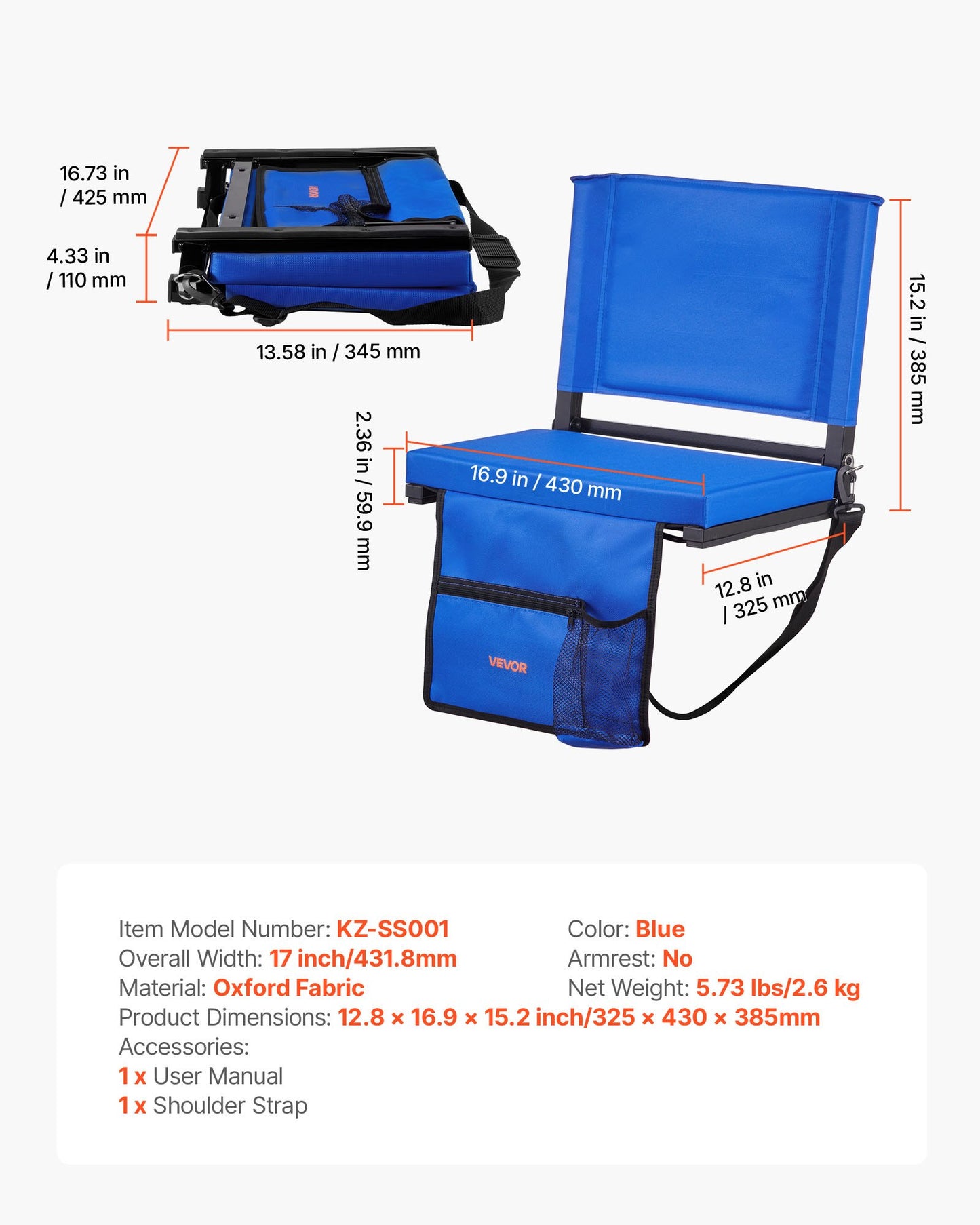 Stadium Seat, Folding Bleacher Chair with Back Support and Thick Cushion, Padded Stadium Seat for Bleacher Includes Shoulder Strap, Hooks, Cup Holder, and Side Pocket, Blue Bleachers Chair