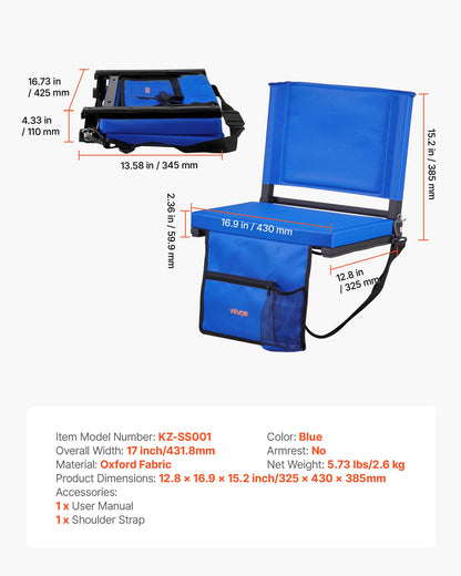 Stadium Seat, Folding Bleacher Chair with Back Support and Thick Cushion, Padded Stadium Seat for Bleacher Includes Shoulder Strap, Hooks, Cup Holder, and Side Pocket, Blue Bleachers Chair
