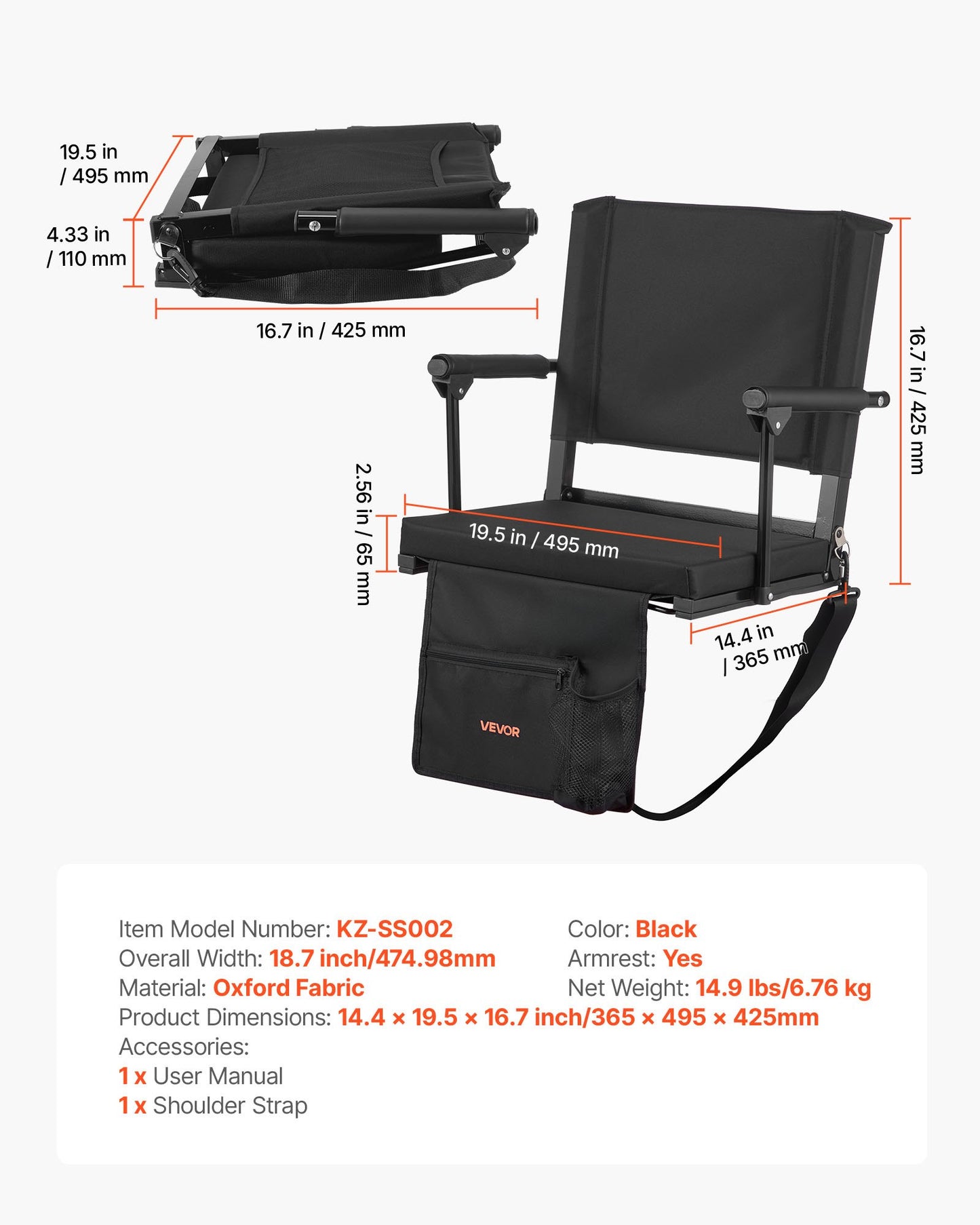 Stadium Seat, Portable Bleacher Seat with Armrest, Back Support and Thick Cushion, Bench Chair for Bleacher Includes Shoulder Strap, Hooks, Cup Holder, Black Football Bleachers Seats, 2PCS