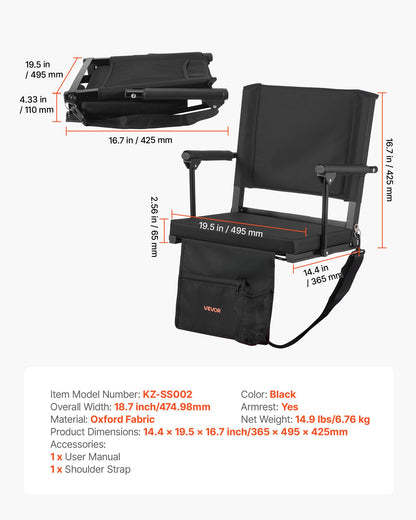 Stadium Seat, Portable Bleacher Seat with Armrest, Back Support and Thick Cushion, Bench Chair for Bleacher Includes Shoulder Strap, Hooks, Cup Holder, Black Football Bleachers Seats, 2PCS