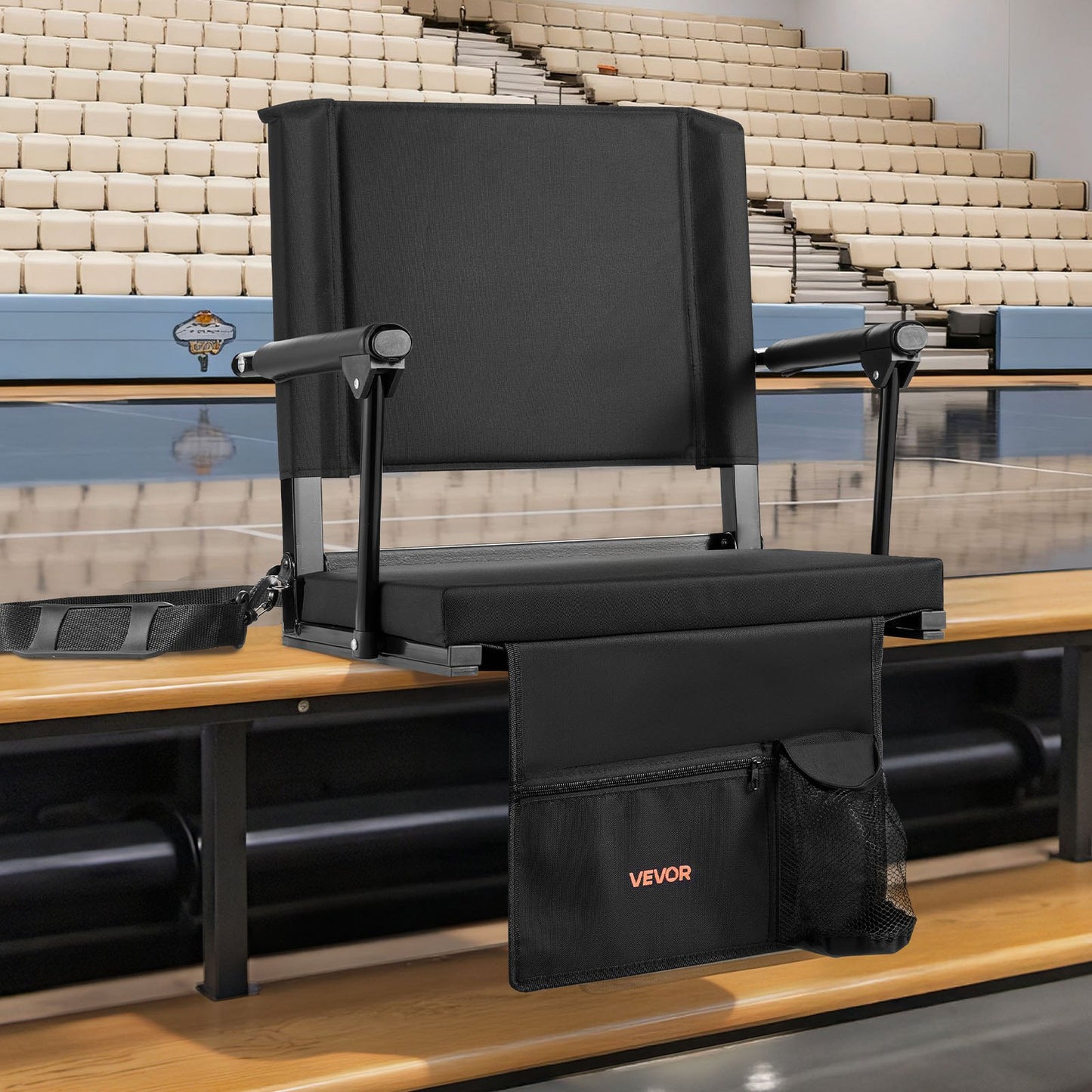 Stadium Seat, Portable Bleacher Seat with Armrest, Back Support and Thick Cushion, Bench Chair for Bleacher Includes Shoulder Strap, Hooks, Cup Holder, Black Football Bleachers Seats, 2PCS