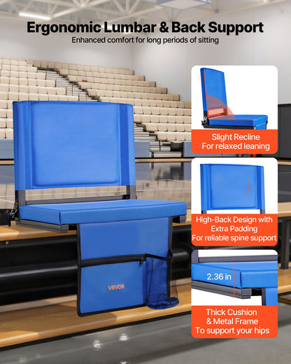 Stadium Seat, Folding Bleacher Seat with Back Support & Thick Cushion, Padded Stadium Seats for Bleacher Includes Shoulder Strap, Hooks, Cup Holder, and Side Pocket, Blue Bleachers Chair