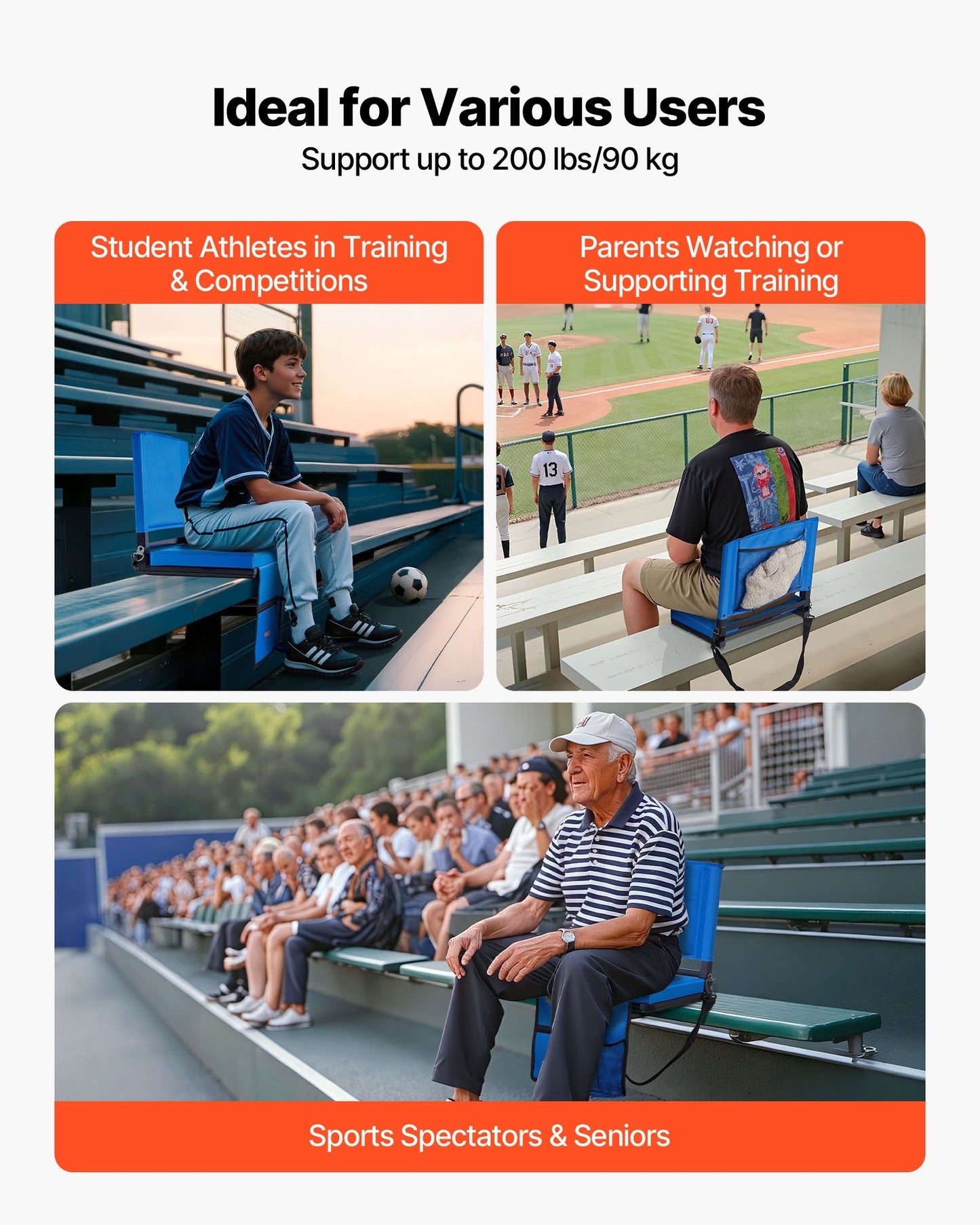 Stadium Seat, Folding Bleacher Seat with Back Support & Thick Cushion, Padded Stadium Seats for Bleacher Includes Shoulder Strap, Hooks, Cup Holder, and Side Pocket, Blue Bleachers Chair