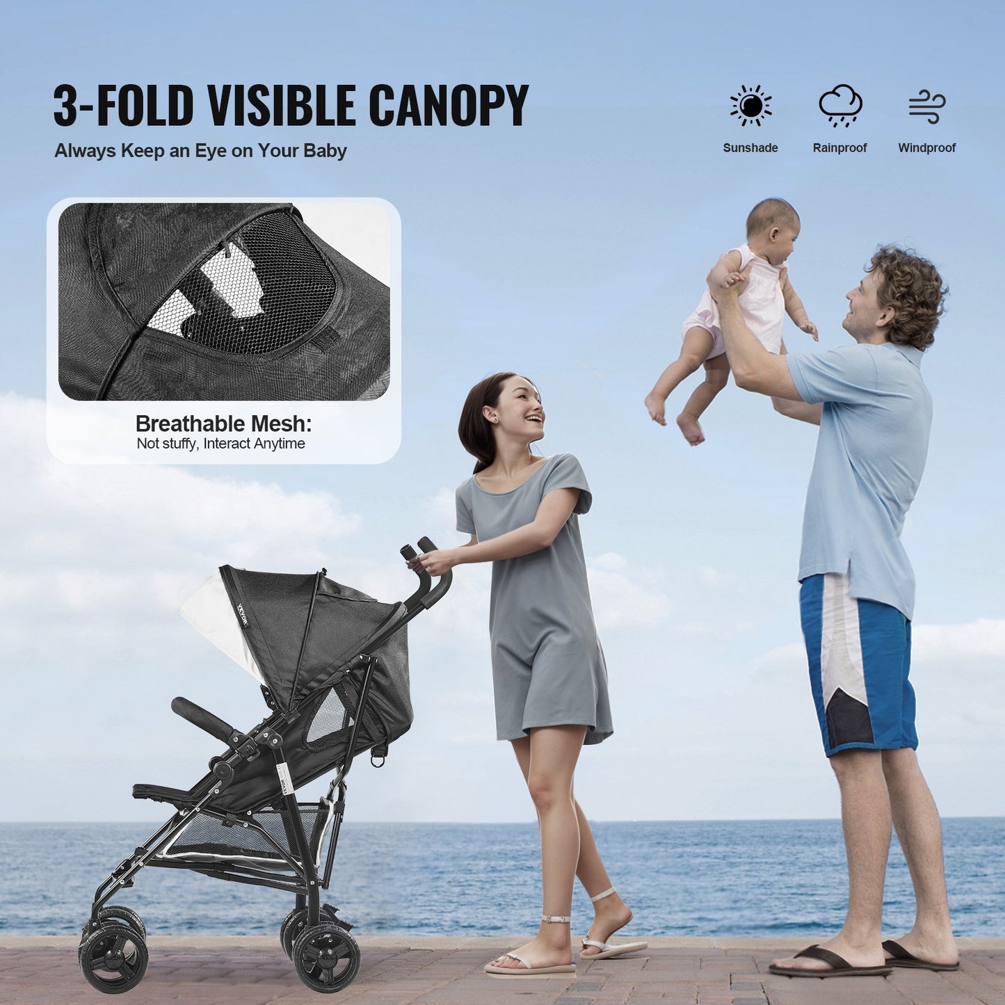 Lightweight Stroller, Compact Easy Fold MultiPosition Recline Canopy Backrest, Carbon Steel Frame, Large Storage Basket, Umbrella Toddler Baby Stroller for Travel and More, Black/White