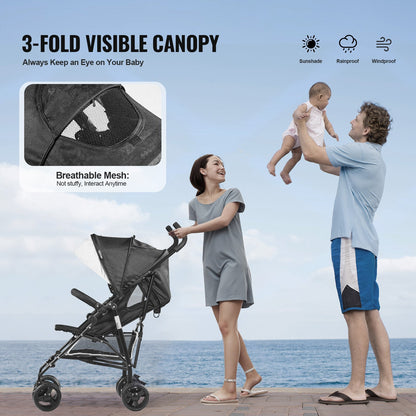 Lightweight Stroller, Compact Easy Fold MultiPosition Recline Canopy Backrest, Carbon Steel Frame, Large Storage Basket, Umbrella Toddler Baby Stroller for Travel and More, Black/White
