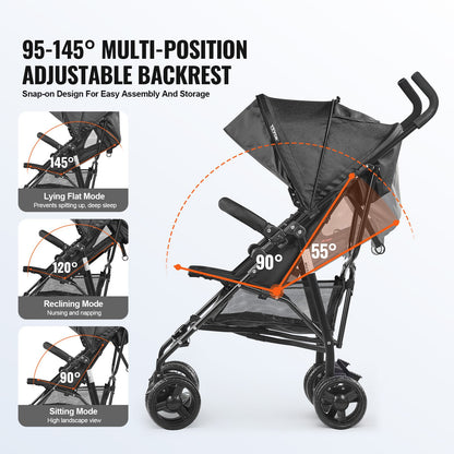 Lightweight Stroller, Compact Easy Fold MultiPosition Recline Canopy Backrest, Carbon Steel Frame, Large Storage Basket,Cup Holder, Umbrella Toddler Baby Stroller for Travel and More, Black