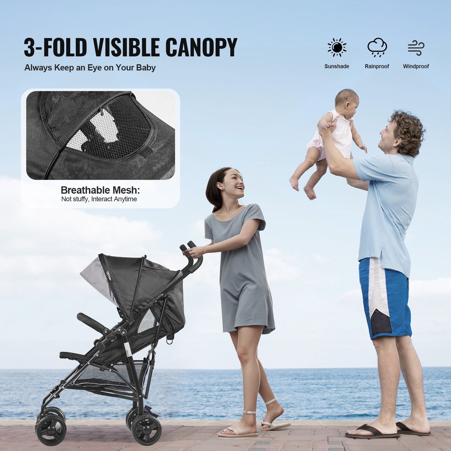 Lightweight Stroller, Compact Easy Fold MultiPosition Recline Canopy Backrest, Carbon Steel Frame, Large Storage Basket,Cup Holder, Umbrella Toddler Baby Stroller for Travel, Light Gray/Black