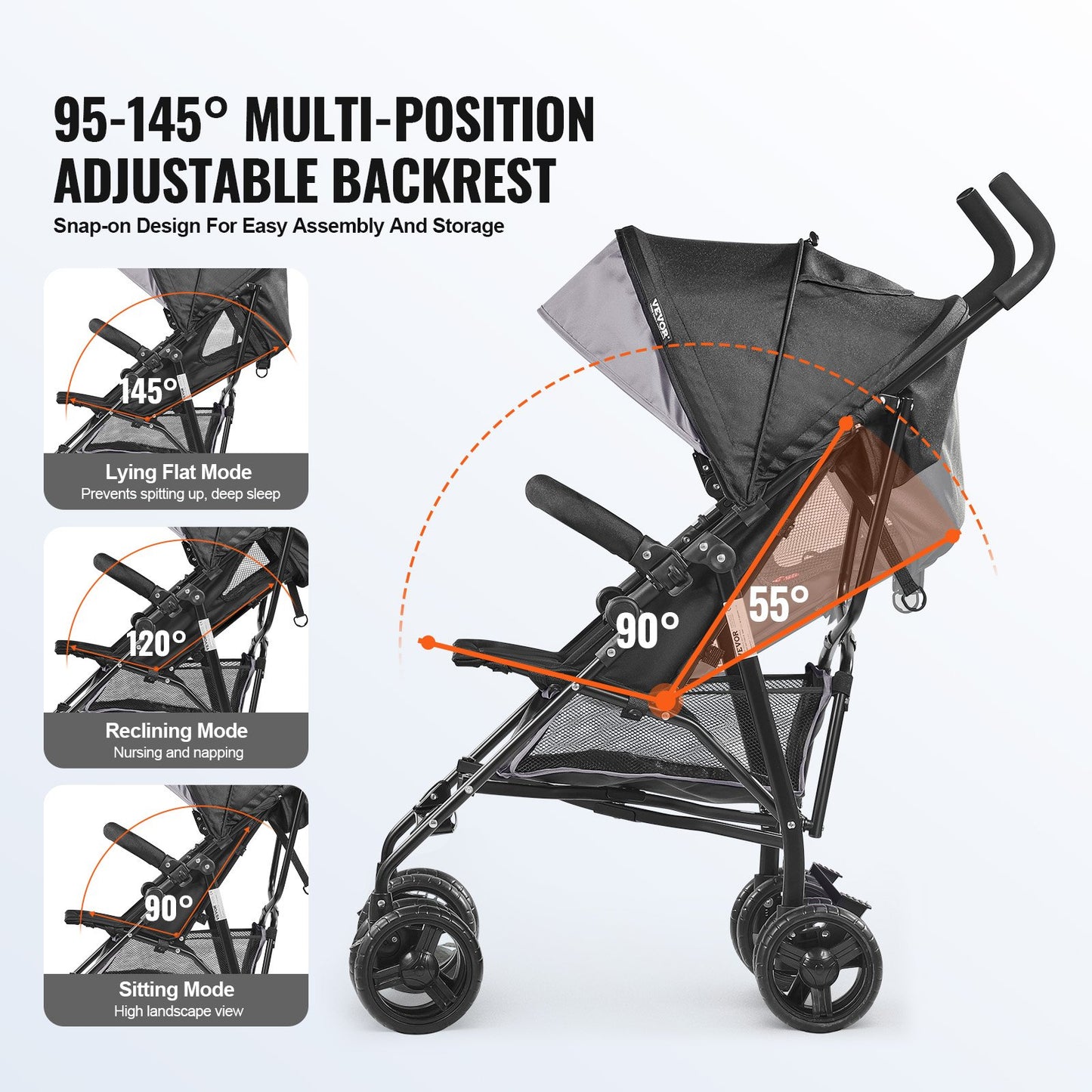 Lightweight Stroller, Compact Easy Fold MultiPosition Recline Canopy Backrest, Carbon Steel Frame, Large Storage Basket,Cup Holder, Umbrella Toddler Baby Stroller for Travel, Light Gray/Black