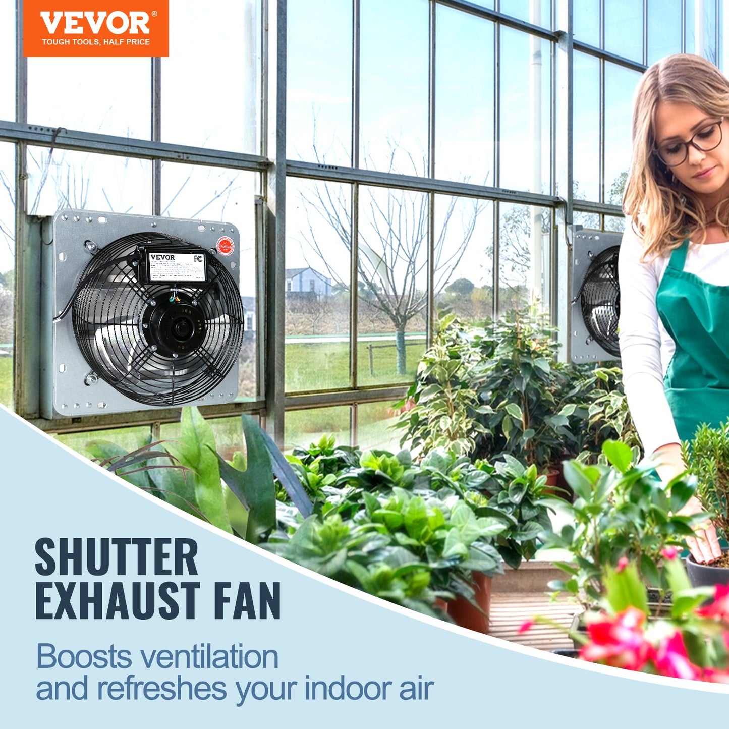 Shutter Exhaust Fan, 406 mm High-speed 1400RPM 2000 CFM, Aluminum Wall Mount Attic Fan with AC-motor, Ventilation and Cooling for Greenhouses, Garages, Sheds, Shops