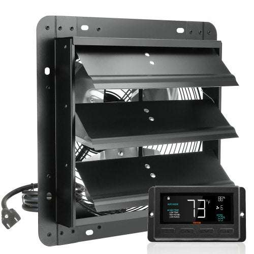 Shutter Exhaust Fan, 305 mm with Temperature Humidity Controller, EC-motor, 904 CFM, Variable Speed Adjustable Wall Mount Attic Fan, Ventilation and Cooling for Greenhouses, Garages, Sheds