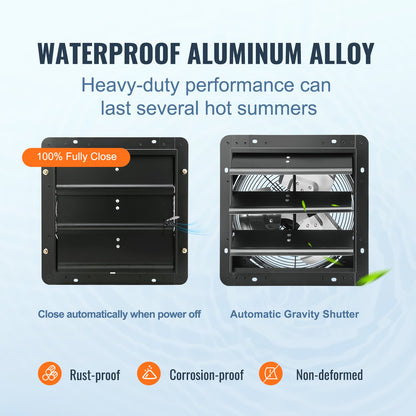 Shutter Exhaust Fan, 305 mm with Temperature Humidity Controller, EC-motor, 904 CFM, Variable Speed Adjustable Wall Mount Attic Fan, Ventilation and Cooling for Greenhouses, Garages, Sheds