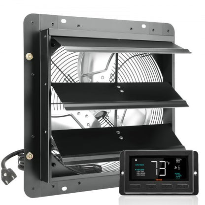 Shutter Exhaust Fan, 356 mm with Temperature Humidity Controller, EC-motor, 1024 CFM, Variable Speed Adjustable Wall Mount Attic Fan, Ventilation and Cooling for Greenhouses, Garages, Sheds