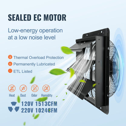 Shutter Exhaust Fan, 356 mm with Temperature Humidity Controller, EC-motor, 1024 CFM, Variable Speed Adjustable Wall Mount Attic Fan, Ventilation and Cooling for Greenhouses, Garages, Sheds