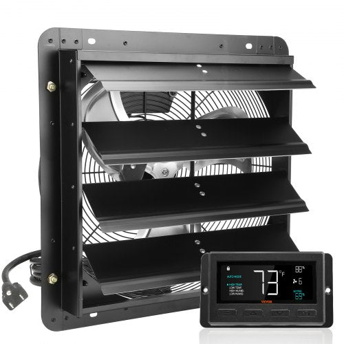 Shutter Exhaust Fan, 406 mm with Temperature Humidity Controller, EC-motor, 1747 CFM, Variable Speed Adjustable Wall Mount Attic Fan, Ventilation and Cooling for Greenhouses, Garages, Sheds