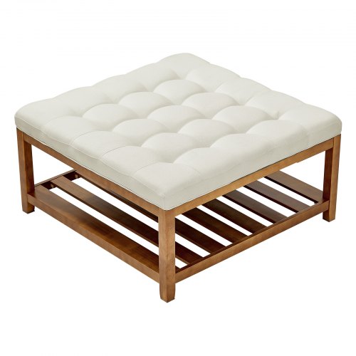VEVOE Large Square Ottoman Coffee Table, 87.5 cm Tufted Coffee Table with Solid Wood Shelf Storage, Linen Solid Upholstered Footrest Ottoman for Bedroom Living Room, 400 LBS, Off-White