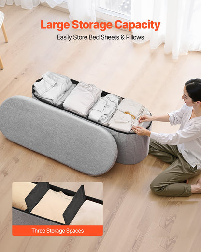 Oval Storage Ottoman Bench, Foldable Teddy Fleece End of Bed Bench, Folding Upholstered Bed Ottoman Chest with Large Storage Space, Supports 660 lbs, for Living Room, Bedroom, Entryway, Grey