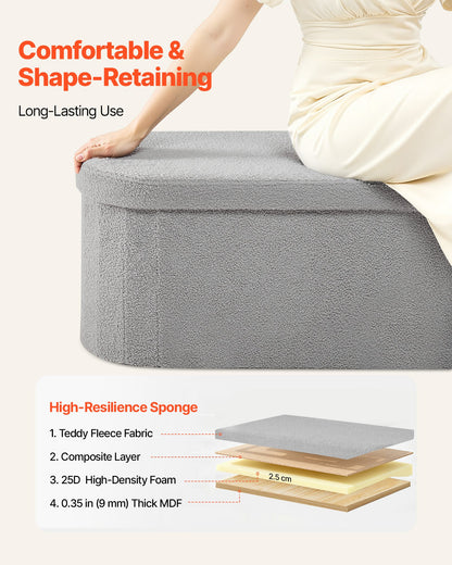 Oval Storage Ottoman Bench, Foldable Teddy Fleece End of Bed Bench, Folding Upholstered Bed Ottoman Chest with Large Storage Space, Supports 660 lbs, for Living Room, Bedroom, Entryway, Grey