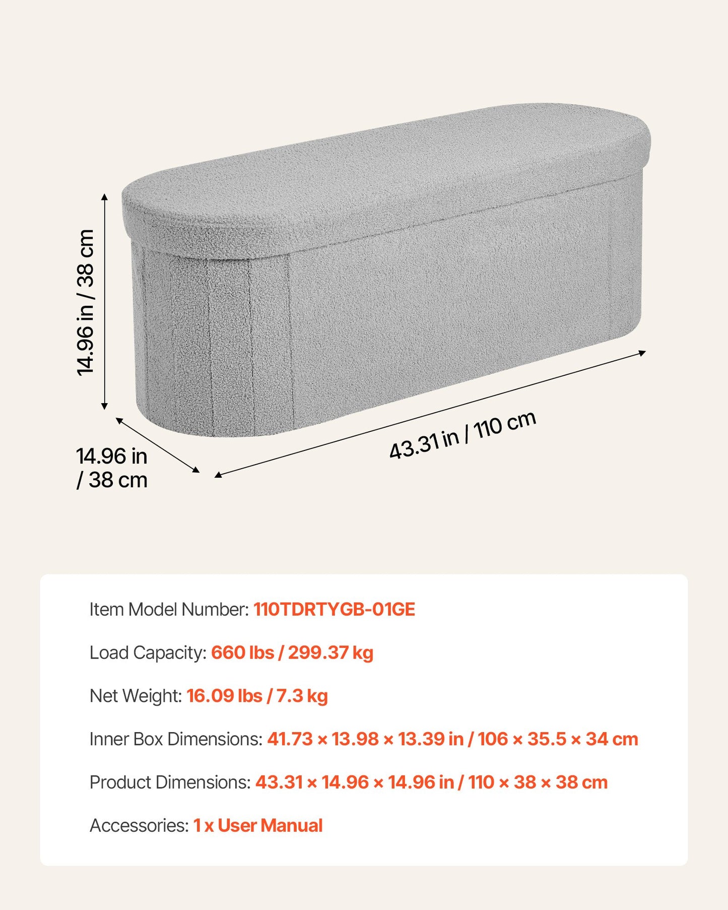 Oval Storage Ottoman Bench, Foldable Teddy Fleece End of Bed Bench, Folding Upholstered Bed Ottoman Chest with Large Storage Space, Supports 660 lbs, for Living Room, Bedroom, Entryway, Grey