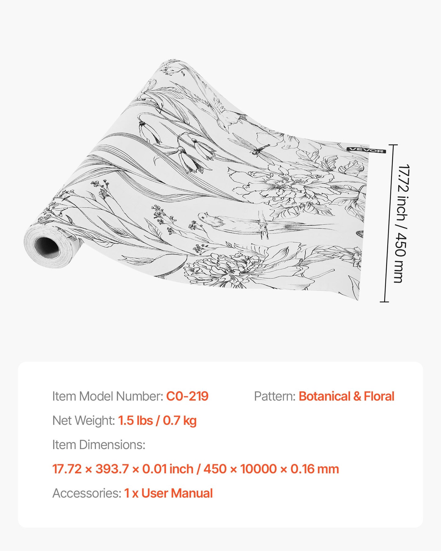 Peel and Stick Wallpaper, 45cm x 10m Contact Paper White Line Art Botanical Floral Waterpoof Self Adhesive, Easy to Clean Wall Decorative Vinyl Roll for Bedroom Kitchen Office Bathroom