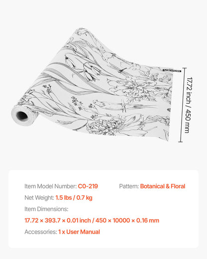 Peel and Stick Wallpaper, 45cm x 10m Contact Paper White Line Art Botanical Floral Waterpoof Self Adhesive, Easy to Clean Wall Decorative Vinyl Roll for Bedroom Kitchen Office Bathroom