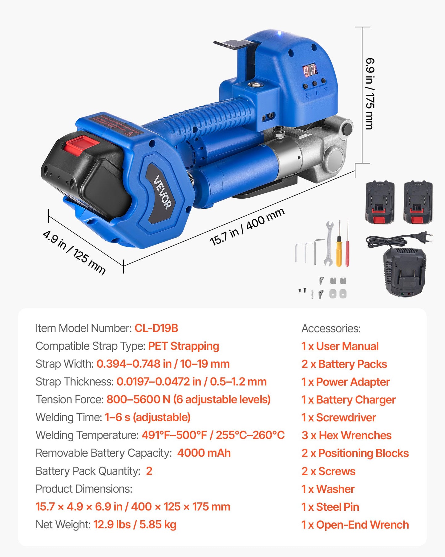 Electric Strapping Machine, 2 x 4000mAh Batteries, Automatic Strapping Tool with Digital Display for 10-19 mm Wide PET Straps, Banding Tensioner Machine for Packaging Box Pallet