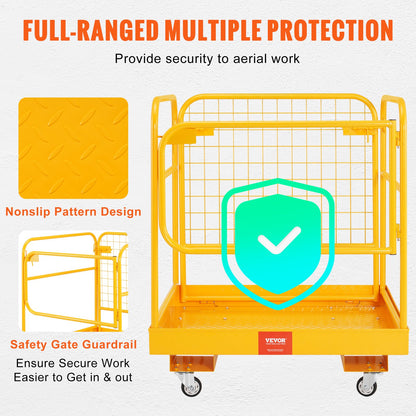 Forklift Safety Cage, 544.3 kg Load Capacity, 91.4 x 91.4 cm, Folding Forklift Work Platform with Lockable Swivel Wheels, Drain Hole & Device Chain, Holds 1 to 2 Adults, Perfect for Aerial Work