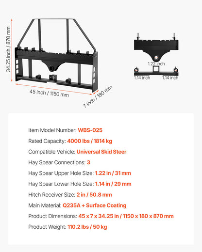 Skid Steer Pallet Fork Frame, 1814 kg Rated Capacity, 115 cm Pallet Fork Frame Attachments with 50.8 mm Hitch Receiver & Spear Sleeves, Fit for Quick Attach Tractor Loaders, Frame Only