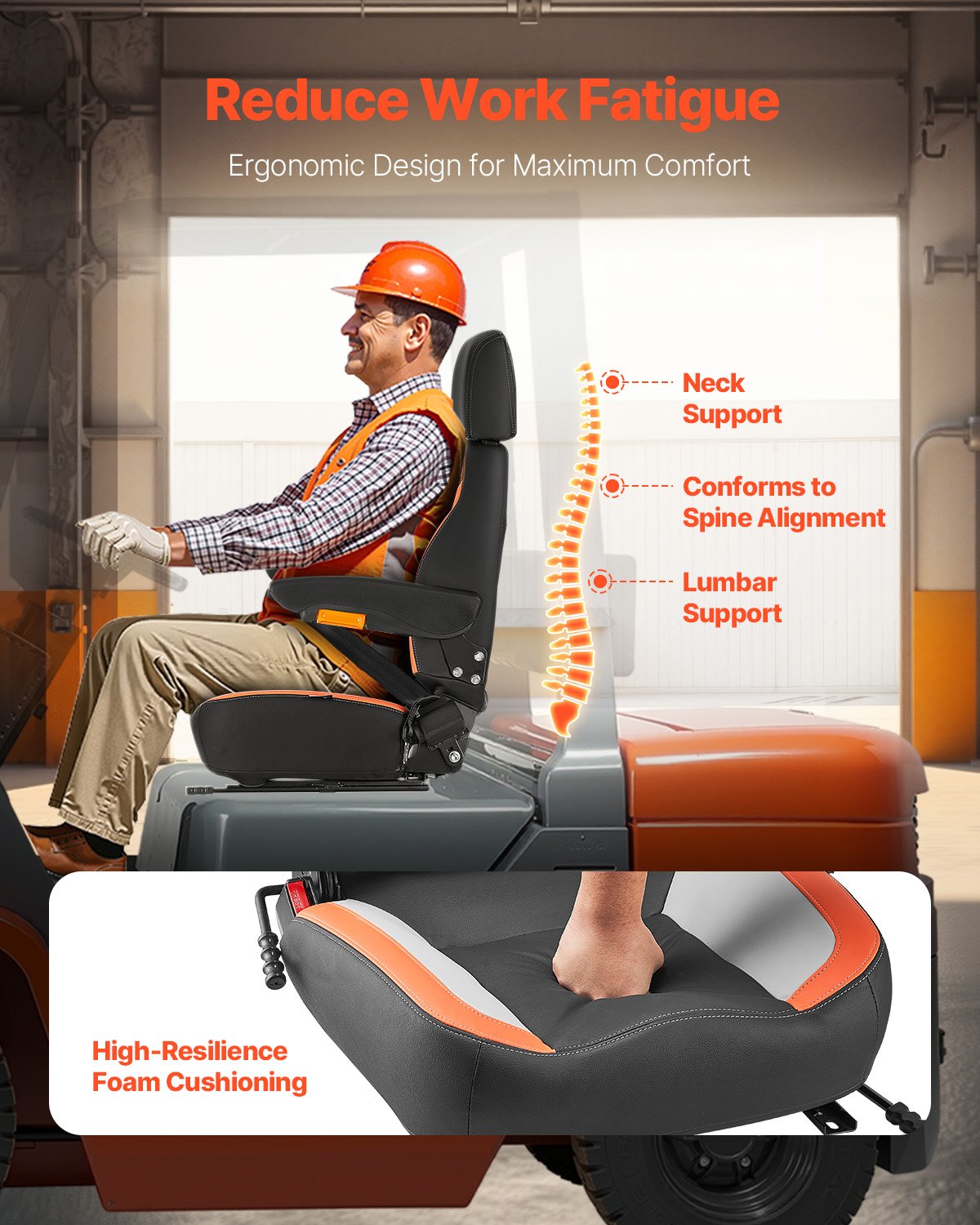 Universeller Gabelstaplersitz, Traktorsitz mit verstellbarer Rückenlehne, Armlehne, Kopfstütze und Sicherheitsgurt, sicherer Traktorsitz mit Mikroschalter, ergonomischer Rasenmähersitz für Kompaktlader und Bulldozer