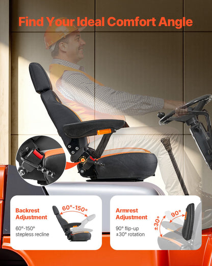 Universeller Gabelstaplersitz, Traktorsitz mit verstellbarer Rückenlehne, Armlehne, Kopfstütze und Sicherheitsgurt, sicherer Traktorsitz mit Mikroschalter, ergonomischer Rasenmähersitz für Kompaktlader und Bulldozer