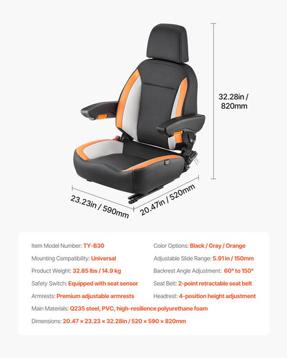 Universeller Gabelstaplersitz, Traktorsitz mit verstellbarer Rückenlehne, Armlehne, Kopfstütze und Sicherheitsgurt, sicherer Traktorsitz mit Mikroschalter, ergonomischer Rasenmähersitz für Kompaktlader und Bulldozer