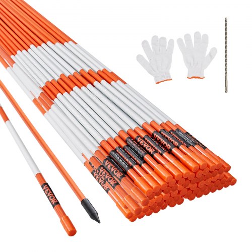 Driveway Markers, 100PCS 122 cm, 0.79 cm Diameter, Orange Fiberglass Poles Snow Stakes with Reflective Tape, 30.48 cm Steel Drill Bit & Protection Gloves for Parking Lots, Walkways Easy Visibility
