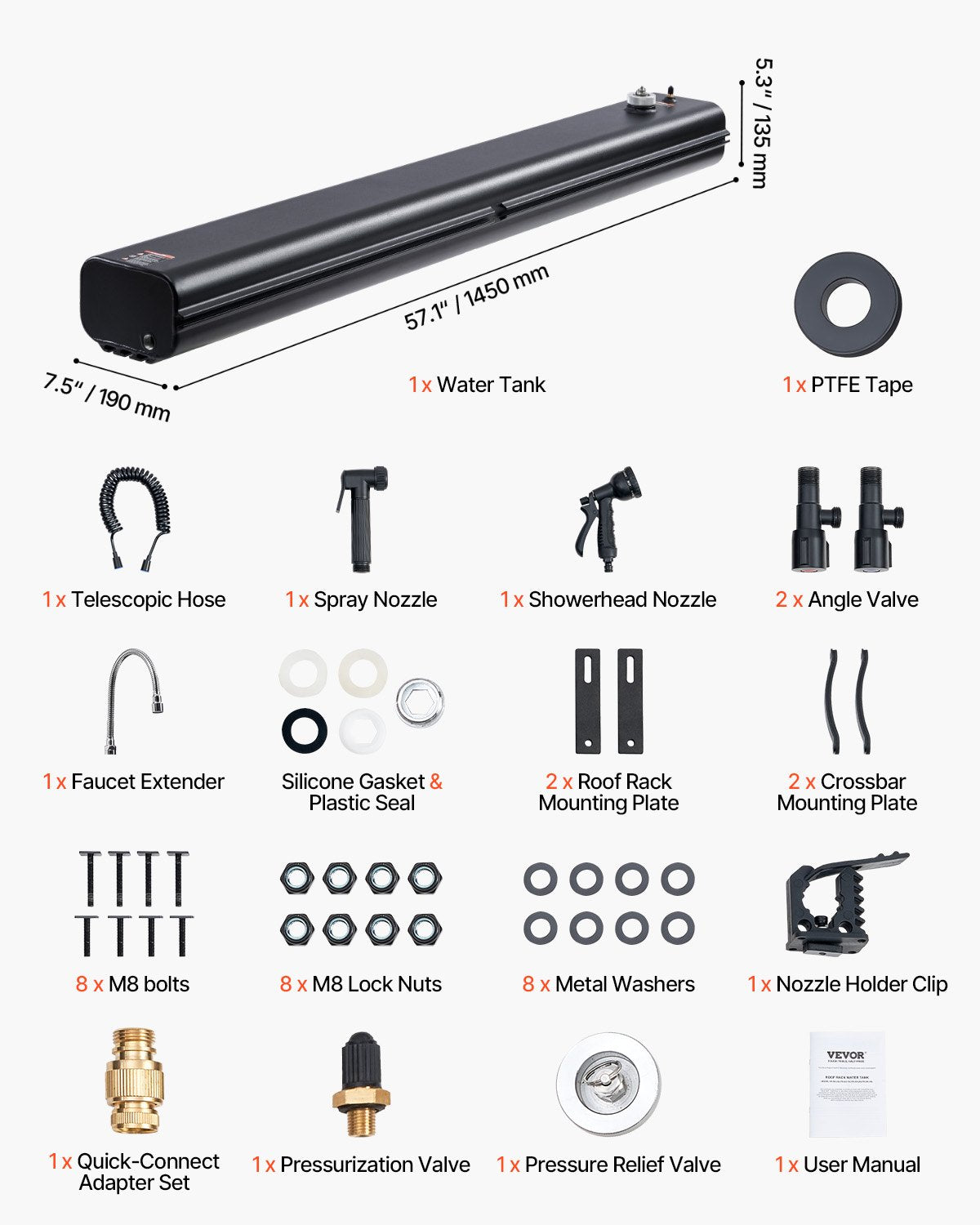 Roof Rack Water Tank, 7 Gal, Multi-Dispensing Outdoor Tank with 2 Splash-Guard Panels & T-slot, High-Capacity Aluminum Tank with Pressurization Port, Fit for Trunks, Roll Bars, Crossbars