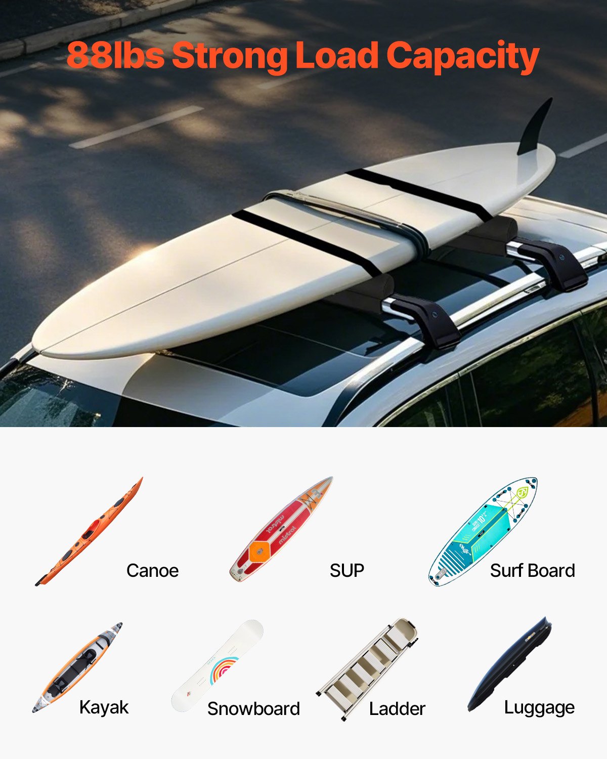 Soft Roof Rack Pads, 28" Universal Car Roof Rack Pads for Various Crossbars, 88LBS Load Capacity Luggage Kayak Carrier with 2 Tie Down Straps & Velcros for SUPs Canoes Snowboards Paddle Boards