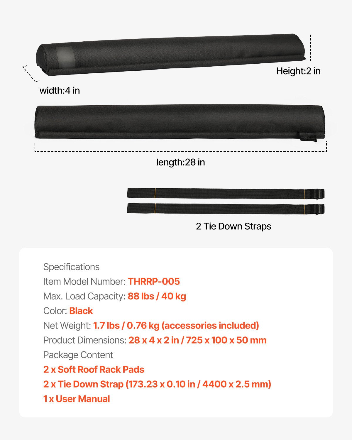 Soft Roof Rack Pads, 28" Universal Car Roof Rack Pads for Various Crossbars, 88LBS Load Capacity Luggage Kayak Carrier with 2 Tie Down Straps & Velcros for SUPs Canoes Snowboards Paddle Boards