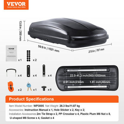 Rooftop Cargo Carrier, 8 Cubic Feet Roof Cargo Box, ABS Hard Shell Roof Box, with Dual-Sided Opening and 2 Reinforced Straps, Aerodynamic, Suitable for most Crossbar, for Car, Wagon, SUV, Black